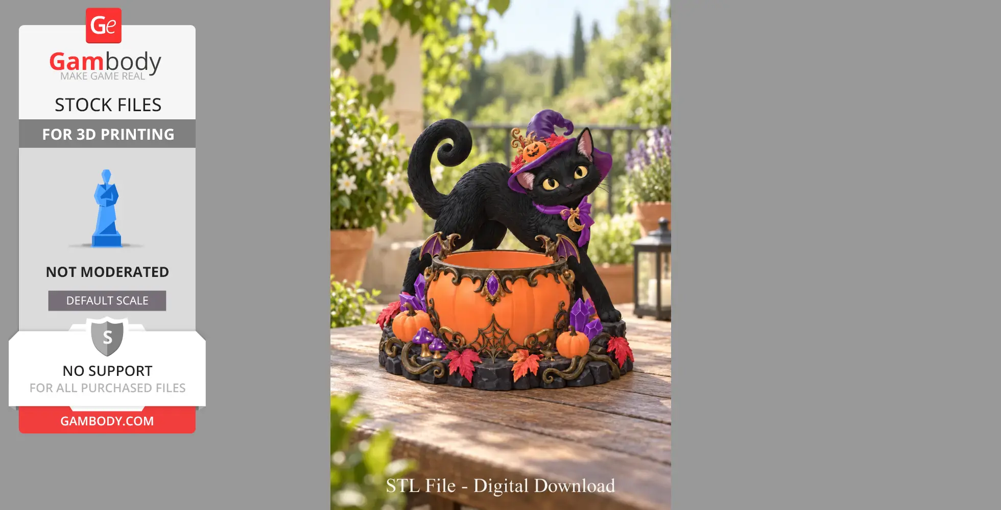A black cat with a witch hat and purple accents stands on a decorative pumpkin bowl with autumn motifs.