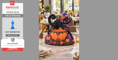 Cat in witch hat atop ornate pumpkin bowl, surrounded by autumn leaves and small pumpkins. Ready for 3D print.