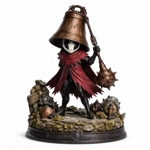 A cloaked character with a bell-shaped helmet and mace stands on a detailed stone base.