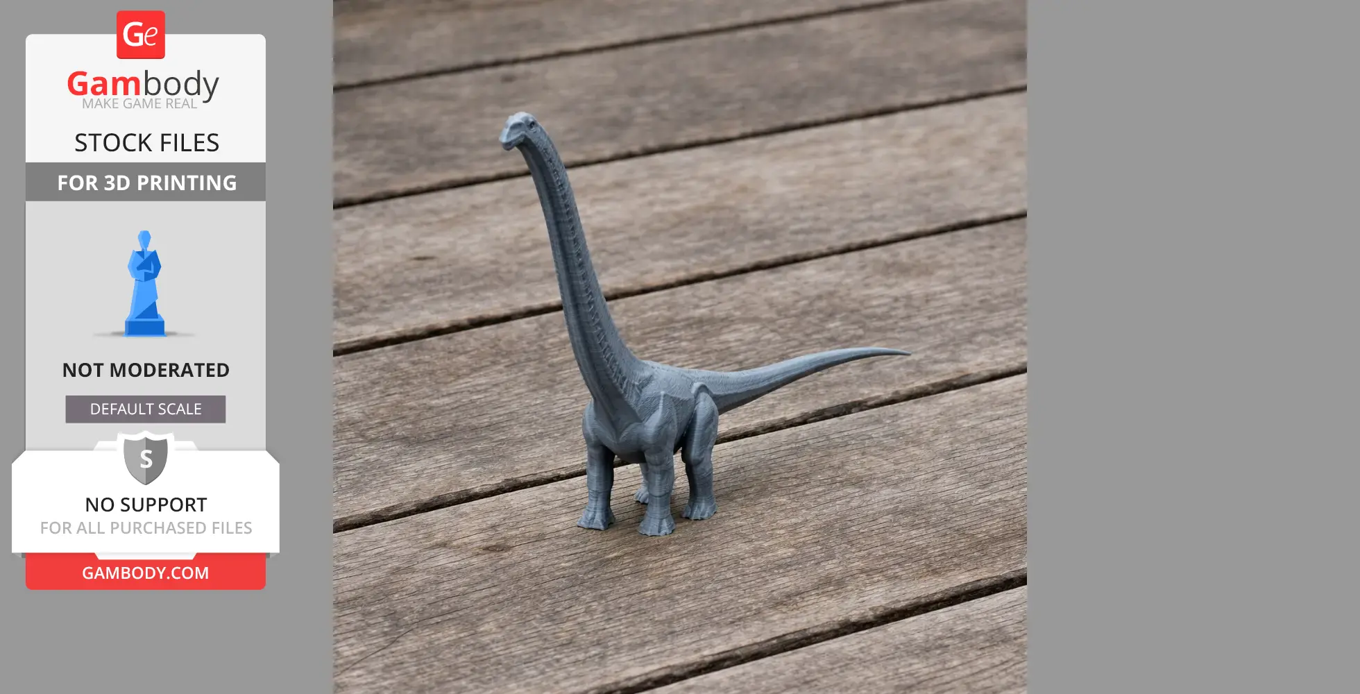 A 3D-printed dinosaur model with a long neck and tail, standing on a wooden surface.
