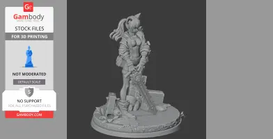 A 3D model of a female character with long hair and cat ears, holding a large weapon on a detailed base.