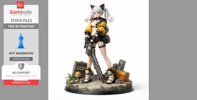 Female figure in a yellow jacket and black shorts, holding a chainsaw, with cat ears and silver hair.