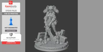 A detailed 3D model of a character with long hair, holding a sword, standing on a decorated base with boxes.
