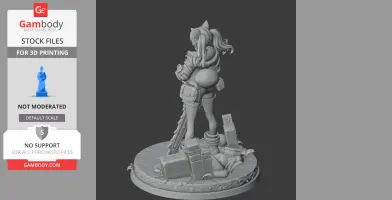 A detailed 3D character figure standing on a round base, with long hair and accessorized outfit.