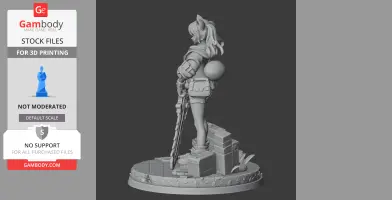 A female character figure with a ponytail holds a large weapon, standing on a detailed circular base.