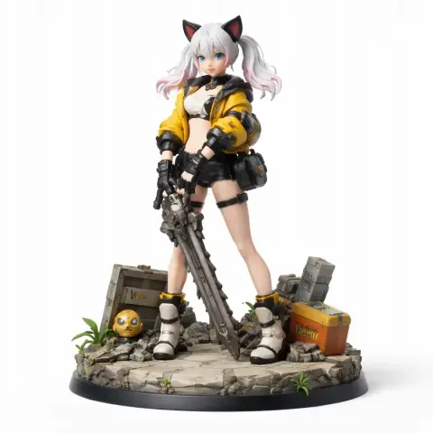 A figure of a character with cat ears, holding a sword, wearing a yellow jacket, on a detailed base.