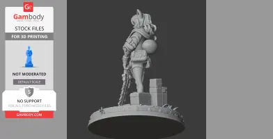 A detailed 3D character figure with futuristic armor and gear, standing on a decorated base.