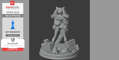 A 3D model of a character figure with long hair standing on a decorated base, holding a large weapon.