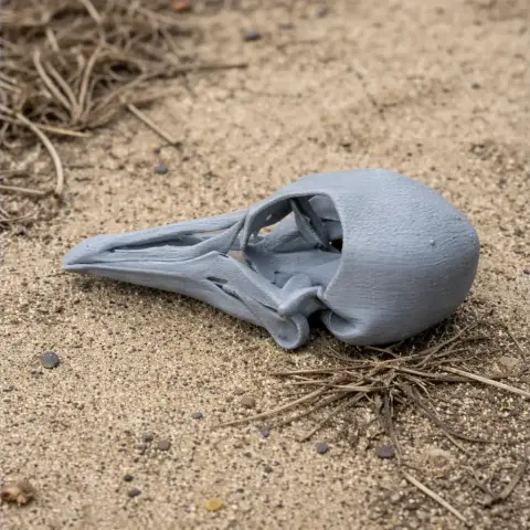 3D printed passenger pigeon skull replica on sandy ground with scattered twigs.