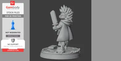 A 3D printable figure of a character with spiky hair, glasses, cape, and sword, standing on a decorated base.