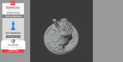 A 3D model of a character on a patterned circular base, holding an object, detailed with spiky hair and a cloak.