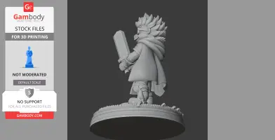 A stylized character with spiky hair, sunglasses, and a cape, holding a large sword, on a circular base.