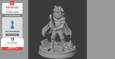 A character in a dynamic pose holding a sword, wearing a cape and goggles, stands on a detailed base.