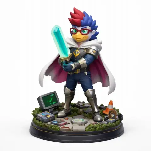 A blue-feathered character with a red cape holds a glowing sword, standing on a tech-themed base.