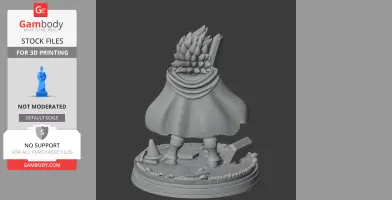 3D model of a character with spiky hair, cape, and boots on a decorated circular base.