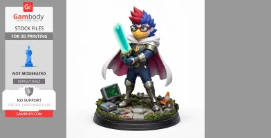 A colorful bird-like character in armor holding a glowing sword, standing on a detailed base.