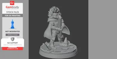 Character figure with glasses and armor holds a sword, standing on a detailed base with raised terrain.