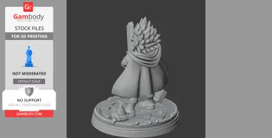 A detailed 3D model of a character with spiky hair, cape, and sword, standing on a textured base.