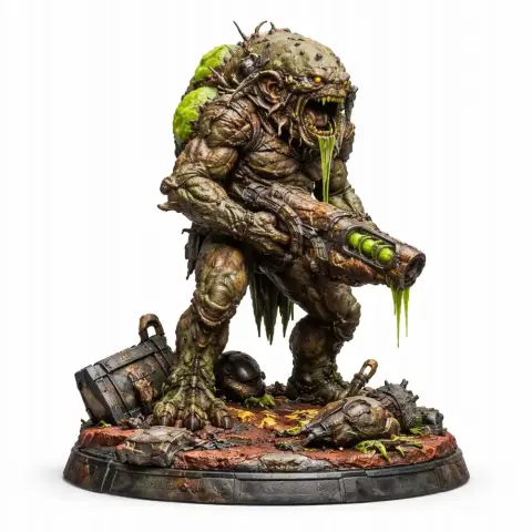 Grotesque creature with weapon, oozing green slime, on a textured base with debris.