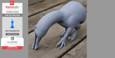 Gray 3D model of Angaturama, a prehistoric creature, depicted in a feeding pose on wooden surface.