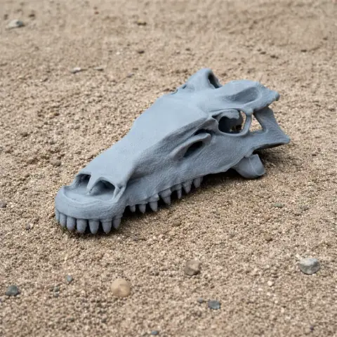 3D-printed Patagonykus skull replica resting on sand.