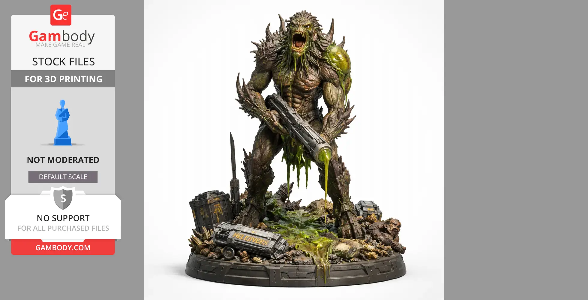 A monstrous creature with spikes and green slime, holding a large weapon, stands on debris.