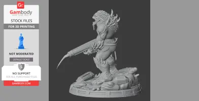 A detailed fantasy creature with spikes and a weapon, standing on a textured base.