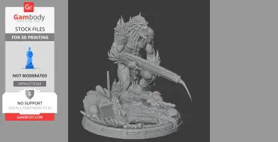 Alien creature figure with spikes, holding a large weapon, standing on a detailed base.
