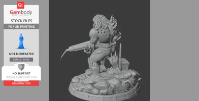 Large creature with spikes and armor, wielding a gun, stands on a detailed base with organic textures.