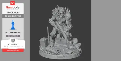 A muscular titan-like creature with spikes stands on debris, wielding a large weapon, ready for combat.