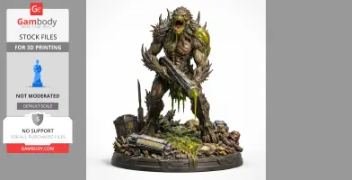 A monstrous creature with spikes and green slime, holding a large weapon, stands on debris.