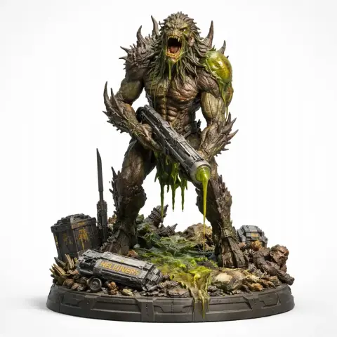 Ferocious monster figure with weapon, dripping sludge, on a detailed battlefield base.