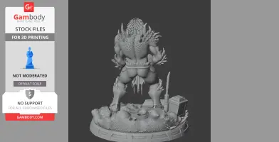 Muscular creature with spikes and armor stands on detailed base with debris and organic forms.