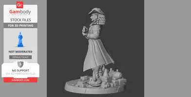 A detailed character figure in long coat holding an item, standing on a decorated base.