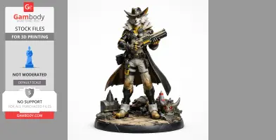 Furry character in cowboy attire holding a rifle, standing on a detailed base with machinery parts.