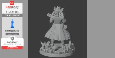 A cowboy figure with a flowing coat and hat, standing on a base with city-like structures.
