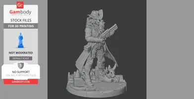 A detailed 3D model of a cowboy figure with a shotgun, wearing a long coat and hat, standing on a themed base.