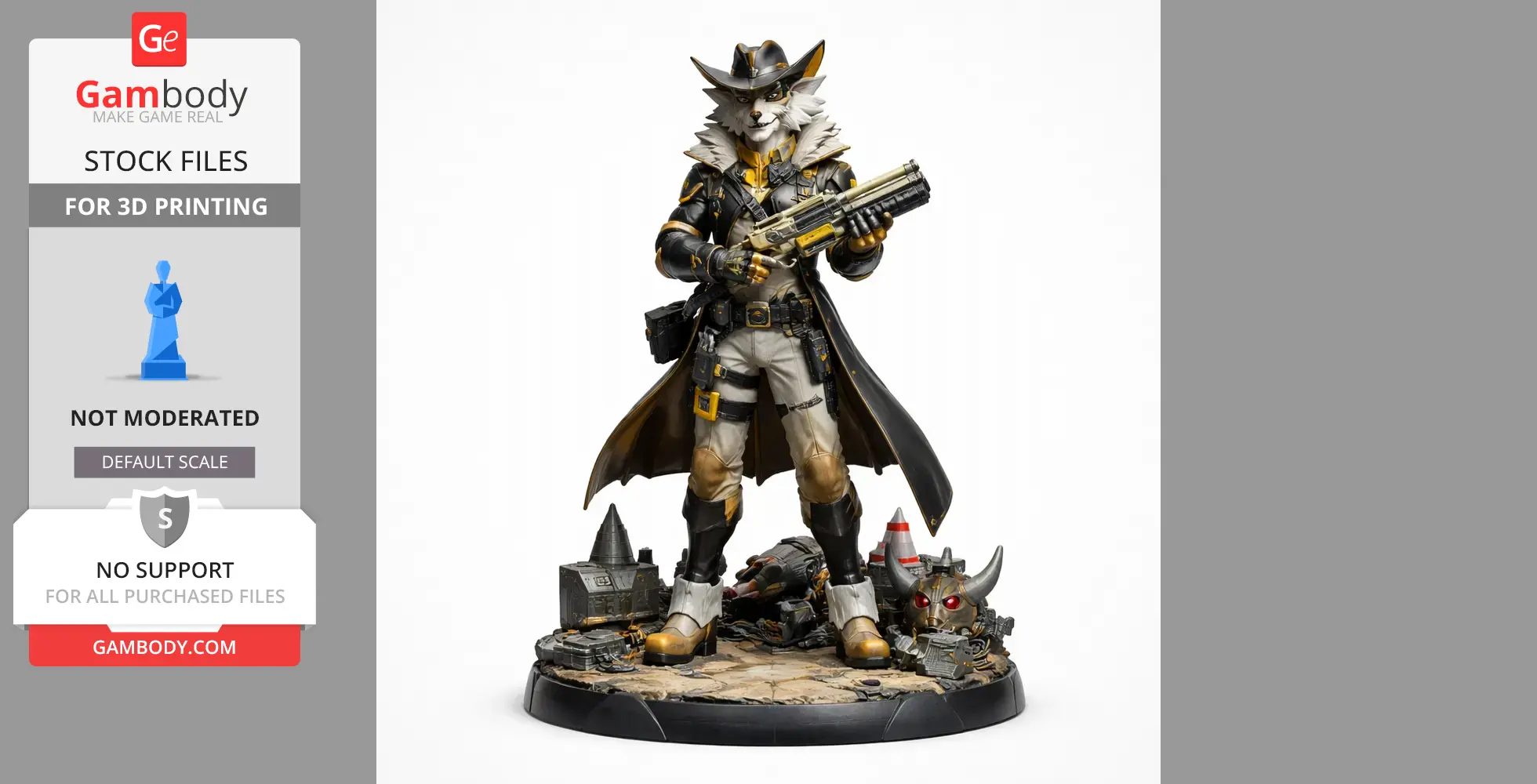 Furry character in cowboy attire holding a rifle, standing on a detailed base with machinery parts.