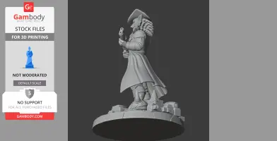 A detailed 3D figure of a character in a flowing coat, holding a weapon, standing on a textured base.
