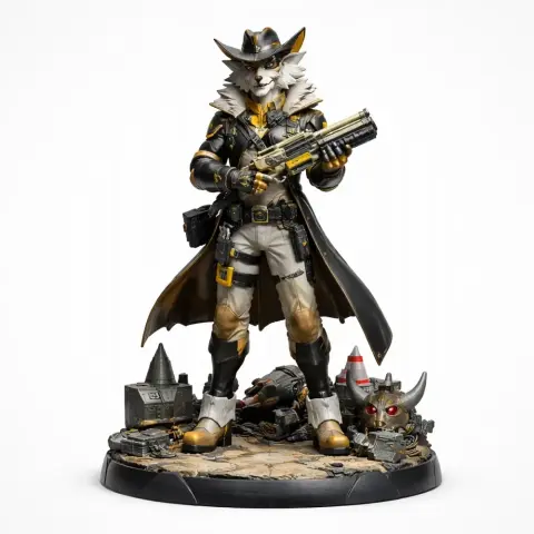 Anthropomorphic wolf gunslinger in a hat and cloak stands on a detailed base with machinery.