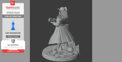 A stylized 3D figure of a character in a trench coat and hat, holding a weapon, standing on a detailed base.
