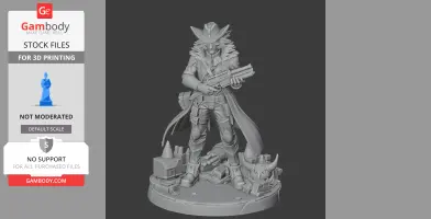 Cowboy figure in long coat and hat, holding a gun, standing on themed base with debris and objects.