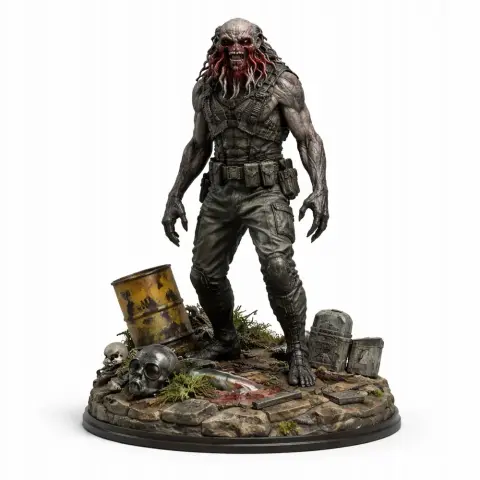 Fierce mutant figure in tactical gear on a detailed rubble base with barrels and skulls.