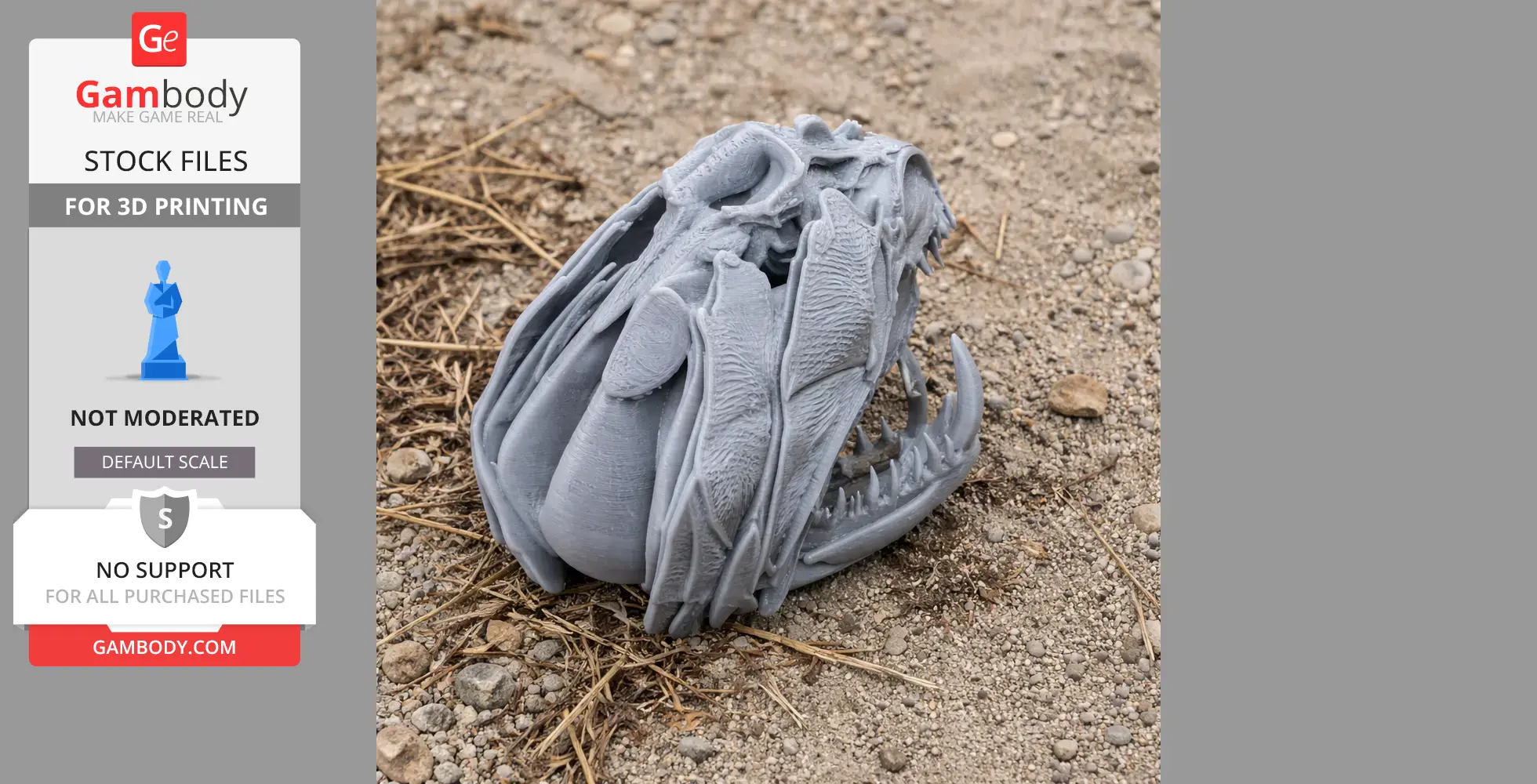 A detailed 3D-printed Payara fish skull replica on a textured, rocky surface.