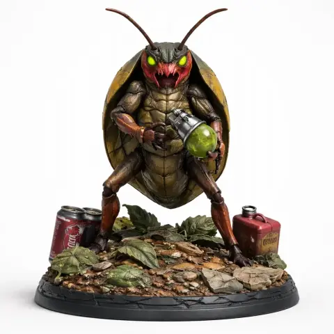 A detailed 3D model of a humanoid beetle wielding a green grenade, with soda cans and leaves on the base.