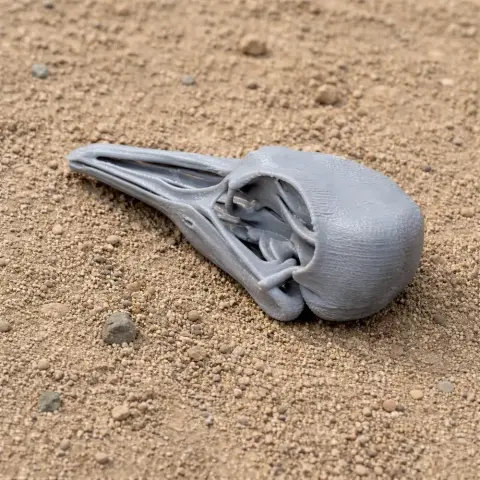 A 3D printed bird skull model on a sandy surface.