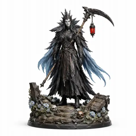 Mystical figure with feathered cloak holding a scythe; surrounded by flowers and skulls on a detailed base.
