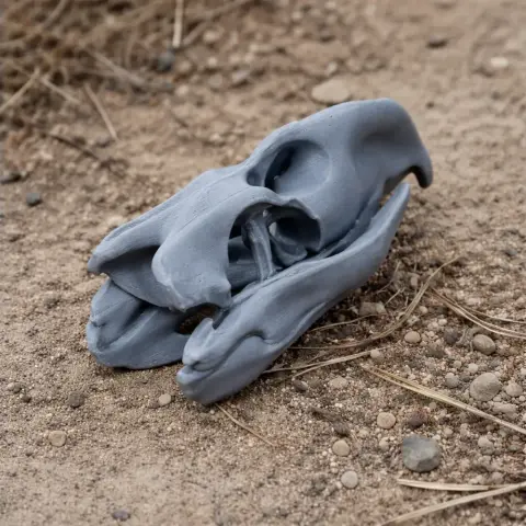 A 3D printed Pelorovis skull replica rests on sandy ground.