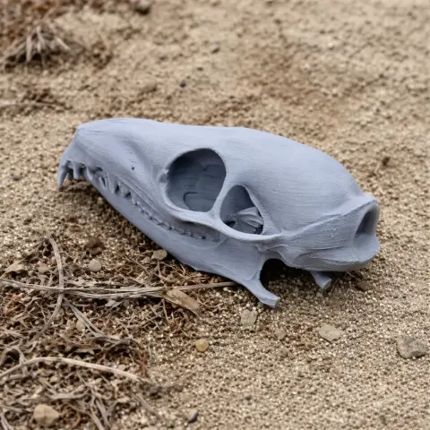 3D printed pen-tailed tree shrew skull replica on sandy ground.