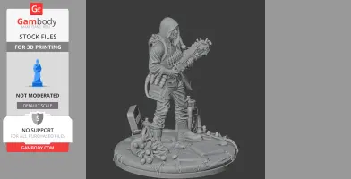 A hooded character holding a large weapon stands on a detailed base with debris and explosives.